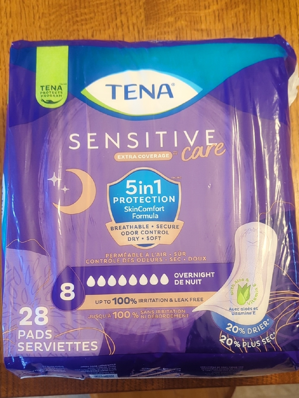 Tena Sensitive Care- 5 In 1 Protection - Extra Coverage Overnight Pads- 28 Pads